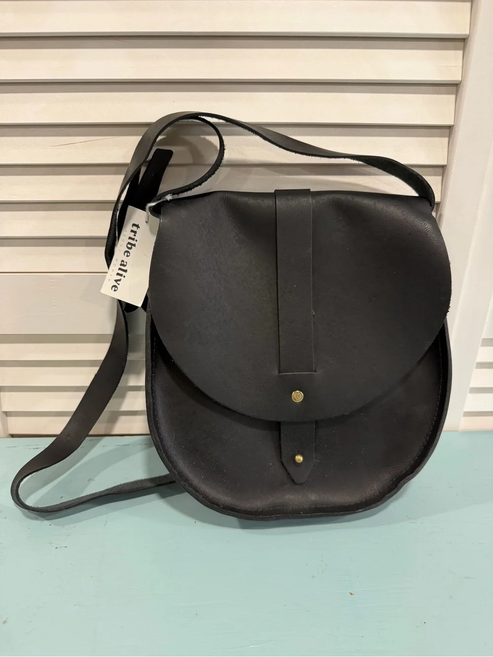 tribe alive Black Leather Round Flap Crossbody Bag-NWT